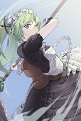 1girl :t absurdres animal_bag apron bear_bag black_dress corin_wickes dress green_hair hair_between_eyes highres holding_saw long_hair maid maid_apron maid_headdress police_riot_(artist) puffy_short_sleeves puffy_sleeves purple_eyes screw_hair_ornament short_sleeves white_apron zenless_zone_zero