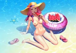 1girl absurdres arm_support barefoot beach blush braid breasts breasts_apart commentary completely_nude day eating female_pubic_hair flower food fruit hair_bobbles hair_ornament hat hat_flower highres hirose_yasuho holding holding_food holding_fruit innertube jojo_no_kimyou_na_bouken jojolion legendarysoulii long_hair looking_at_viewer medium_breasts nail_polish navel nipples nude ocean open_mouth orange_eyes outdoors partially_submerged pink_hair pink_nails pubic_hair pussy romaji_commentary sandals sitting smile solo starfish sun_hat swim_ring toenail_polish toenails uncensored unworn_sandals wariza water watermelon