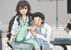 1boy 1girl ameku_takao ameku_takao_no_suiri_karte barefoot black_hair brown_eyes feet foot_worship highres jinsai_sa_sa lab_coat licking_foot long_hair open_mouth soles takanashi_yuu_(ameku_takao_no_suiri_karte) toes