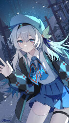 1girl absurdres ai_dongdong alternate_costume aqua_hair beret black_hairband closed_mouth collared_shirt firefly_(honkai:_star_rail) gradient_hair hair_between_eyes hair_ornament hairband hand_up hat highres honkai:_star_rail honkai_(series) jacket long_hair long_sleeves looking_at_viewer multicolored_hair night open_clothes open_jacket outdoors school_uniform shirt single_thighhigh skirt smile solo standing thigh_strap thighhighs white_shirt white_thighhighs