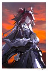 1girl absurdres arknights black_capelet black_dress braid capelet closed_mouth cowboy_shot dress feathered_wings gracebearer_(arknights) grey_eyes hair_ornament head_wings highres long_hair long_sleeves looking_at_viewer multiple_braids own_hands_together puffy_sleeves puppet red_hair solo sunset tail weibo_7772312359 wings