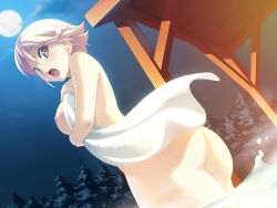 1girl ars_magna ass blonde_hair blush breasts brown_eyes brown_hair covering_privates dutch_angle enjouji_alex_yukihiro female_focus koutaro large_breasts moon nipples nude_cover onsen open_mouth short_hair solo towel