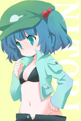 1girl bad_id bad_pixiv_id blue_hair bra female_focus flat_chest green_eyes groin hair_bobbles hair_ornament hand_on_own_hip hat ica jacket kawashiro_nitori lingerie midriff navel no_shirt open_clothes open_jacket open_shirt shirt solo touhou twintails two_side_up underwear upper_body
