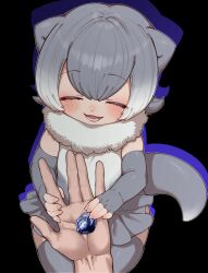 1girl animal_ears blush closed_eyes disembodied_hand elbow_gloves fangs fingerless_gloves frilled_one-piece_swimsuit frills fur_collar gloves grey_gloves grey_hair grey_one-piece_swimsuit grey_thighhighs hair_between_eyes hand_size_difference highres holding_hands kemono_friends multicolored_hair notora one-piece_swimsuit open_mouth otter_ears otter_girl otter_tail pov short_hair sidelocks small-clawed_otter_(kemono_friends) smile solo swimsuit tail thighhighs two-tone_hair two-tone_one-piece_swimsuit white_fur white_hair white_one-piece_swimsuit zettai_ryouiki