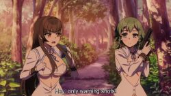 Rule 34 | 2girls, animated, anime screenshot, armband, blue armband, bouncing breasts, breasts, brown eyes, brown hair, cleavage, crop top, english text, gloves, gun, hanamaru rin, highres, holding, holding gun, holding weapon, large breasts, long hair, multiple girls, nukigee mitai na shima ni sunderu watashi wa dou surya ii desu ka?, open mouth, outdoors, school uniform, shirt, sound, strapless, subtitled, tagme, tube top, unbuttoned, unbuttoned shirt, underboob, video, weapon, white gloves, white shirt