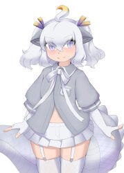 1girl animal_ears blush bow bowtie breast_pocket collared_shirt cowboy_shot dragon_ears dragon_girl dragon_horns dragon_tail elbow_gloves fingerless_gloves fishnet_gloves fishnet_thighhighs fishnets garter_straps gloves grey_shirt hair_between_eyes highres horns japari_symbol kemono_friends kkkkkenzen midriff_peek pleated_skirt pocket puffy_short_sleeves puffy_sleeves purple_eyes shirt short_hair short_sleeves short_twintails sidelocks skirt slit_pupils smile solo tail thighhighs twintails white_bow white_bowtie white_dragon_(kemono_friends) white_garter_straps white_gloves white_hair white_skirt white_thighhighs zettai_ryouiki