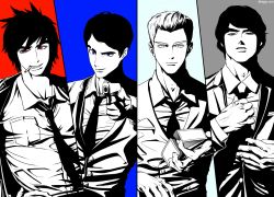 4boys alternate_costume black_hair brown_hair cole_(ninjago) column_lineup formal_clothes hair_over_one_eye highres jay_(ninjago) kai_(ninjago) mafia male_focus multiple_boys necktie ninjago short_hair silver_hair smile spiked_hair suit the_lego_group thick_eyebrows zane_(ninjago)
