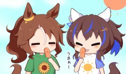 Rule 34 | 2girls, :3, animal ears, blue hair, blue sky, blush, brown hair, chibi, chibi only, closed eyes, closed mouth, commentary request, daitaku helios (umamusume), day, eating, floral print, food, gomashio (goma feet), green shirt, holding, holding food, horse ears, horse girl, horse tail, ice cream, long hair, mejiro palmer (umamusume), multicolored hair, multiple girls, outdoors, print shirt, shirt, short hair, short sleeves, sky, streaked hair, sun, sun print, tail, tongue, tongue out, translation request, two-tone hair, umamusume, upper body, white hair, white shirt