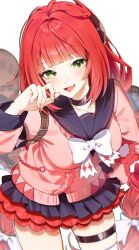1girl anko_(kimt140n) black_choker black_sailor_collar black_skirt bow bowtie cardigan chest_bow choker cowboy_shot green_eyes highres long_hair looking_at_viewer pink_cardigan red_hair sailor_collar school_uniform skirt solo thigh_strap ukinami_yuzuha white_bow white_bowtie zenless_zone_zero