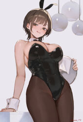 1girl :q absurdres animal_ears black_bow black_bowtie black_leotard bow bowtie breasts brown_eyes brown_hair brown_pantyhose cleavage commentary_request covered_navel detached_collar fake_animal_ears highres holding holding_tray large_breasts leotard medium_hair original pantyhose playboy_bunny simple_background solo sooon standing strapless strapless_leotard tongue tongue_out tray white_background white_wrist_cuffs wrist_cuffs