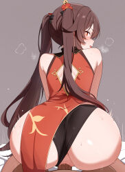 Rule 34 | 1boy, 1girl, absurdres, annrichan, ass, black panties, blush, breath, brown hair, censored, china dress, chinese clothes, clothed female nude male, clothing aside, dress, flower, flower-shaped pupils, genshin impact, grey background, hair flower, hair ornament, hetero, highres, hu tao (genshin impact), looking back, mosaic censoring, nude, open mouth, panties, panties aside, penis, plum blossoms, pussy, red dress, red eyes, reverse cowgirl position, sex, sex from behind, simple background, straddling, symbol-shaped pupils, twintails, underwear, vaginal