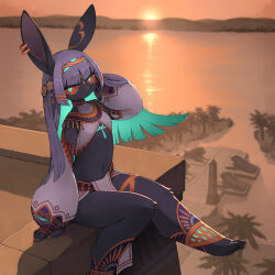 1girl ancient_egyptian animal_ear_piercing animal_ears animal_feet ankh aqua_hair armlet backlighting black_fur blue_eyes blunt_ends colored_inner_hair colored_sclera detached_sleeves egyptian_mythology expressionless furry furry_female glowing glowing_eyes hair_ornament hairclip highres jewelry kamukamu6392 long_hair looking_at_viewer multicolored_hair navel obelisk on_roof orange_nails orange_sky original outdoors palm_tree pelvic_curtain puffy_sleeves purple_hair rabbit_ears rabbit_girl red_sclera river rooftop scenery sitting sky solo sunset tree very_long_hair water