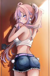 ahoge ass back belt blue_eyes blue_hair breasts crop_top denim denim_shorts derk_maxx door earrings frayed_clothes hair_ornament highres holding holding_own_hair hololive hololive_dev_is jeans jewelry kikirara_vivi long_hair pants pink_hair ponytail shorts sideboob virtual_youtuber