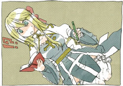 1girl arch_bishop_(ragnarok_online) bad_id blonde_hair blue_dress book bow breasts brown_background cleavage_cutout clothing_cutout cross dress dutch_angle frilled_thighhighs frills full_body hair_bow holding holding_book holding_pencil juliet_sleeves lala_(sputnik) long_hair long_sleeves medium_breasts open_mouth pencil puffy_sleeves ragnarok_online red_bow sash seiza sitting solo thighhighs two-tone_dress white_dress white_thighhighs yellow_sash