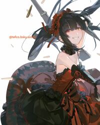 Rule 34 | 1girl, antique firearm, argyle clothes, argyle dress, arm up, bare shoulders, black choker, black hair, black sleeves, bluesky username, blunt bangs, bow, brown bess, bullet, chinese commentary, choker, clock eyes, commentary request, cropped, cross-laced clothes, cross-laced hairband, cross-laced sleeves, date a live, detached sleeves, dress, firearm, floating clothes, floating hair, frilled bow, frilled choker, frilled dress, frilled hairband, frilled sleeves, frills, gothic lolita, grin, gun, hair ribbon, hairband, heterochromia, highres, holding, holding gun, holding weapon, layered dress, lolita fashion, lolita hairband, long dress, long hair, long sleeves, looking at viewer, musket, red bow, red dress, red eyes, red hairband, ribbon, rifle, sidelocks, simple background, sleeveless, sleeveless dress, smile, solo, striped bow, symbol-shaped pupils, tefco, tokisaki kurumi, tokisaki kurumi (spirit), twintails, upper body, waist bow, watermark, weapon, white background, yellow eyes