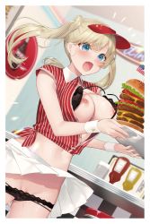1girl black_bra black_panties blush border bra breasts breasts_out burger cheese cleft_of_venus fang fast_food fingernails food groin hat highres holding holding_tray indoors ketchup_bottle lace lace-trimmed_bra lace-trimmed_panties lace_trim large_breasts lettuce long_hair miniskirt momi mustard_bottle nail_polish navel nipples non-web_source open_clothes open_mouth open_shirt original panties pink_nails pleated_skirt pussy pussy_peek red_hat red_shirt shirt short_sleeves sidelocks skin_fang skirt solo striped_clothes striped_shirt table tray twintails unbuttoned unbuttoned_shirt underwear vertical-striped_clothes vertical-striped_shirt visor_cap white_border white_skirt wing_collar