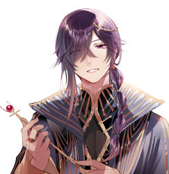 1boy asymmetrical_sidelocks beads black_cloak black_robe braid cleavage_cutout cloak clothing_cutout earrings eyes_visible_through_hair fishnet_cutout gem glint gold_trim hair_beads hair_ornament hair_over_one_eye hair_over_shoulder head_tilt highres holding holding_wand jewelry long_hair long_sleeves looking_at_viewer male_focus original parted_lips pluto_symbol purple_eyes purple_hair red_gemstone ring robe scorpio_(zodiac) simple_background single_braid single_earring smile solo tyuraba upper_body wand white_background zodiac