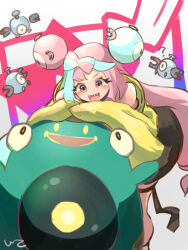 Rule 34 | 1girl, bellibolt, blue hair, blush, bow-shaped hair, character hair ornament, e-co, gen 1 pokemon, hair ornament, iono (pokemon), jacket, long hair, long sleeves, looking at viewer, magnemite, multicolored hair, nintendo, open mouth, oversized clothes, pink hair, pokemon, pokemon (creature), pokemon sv, sharp teeth, sleeveless, sleeves past fingers, sleeves past wrists, smile, solo, split-color hair, teeth, two-tone hair, very long sleeves, yellow jacket
