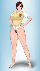 Rule 34 | 1girl, bar censor, barefoot, bottomless, breasts, brown eyes, brown hair, censored, crest, female focus, female pubic hair, full body, hands on own hips, highres, kazama asuka, large breasts, lips, long legs, midou tsukasa, pubic hair, short hair, solo, sweater vest, tekken, toes, v-neck