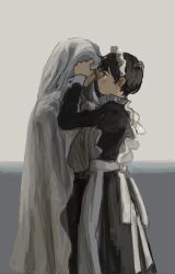 2boys apron belt belt_buckle black_pants buckle couple crossdressing dress ghost_costume grey_background highres maid maid_apron maid_headdress male_focus male_maid minahamu multiple_boys original pants pulling_another&#039;s_clothes shirt short_hair simple_background white_shirt yaoi