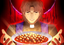 1boy absurdres black_robe brown_eyes brown_hair commentary_request fate/grand_order fate/stay_night fate_(series) floating floating_object food glowing glowing_food great_grail grigori_rasputin_(fate) hands_up highres kotomine_kirei male_focus mapo_tofu mishiro_(ixtlolton) parody parted_bangs parted_lips plate revision robe smile solo steam stole style_parody takeuchi_takashi_(style) thick_eyebrows v-shaped_eyebrows