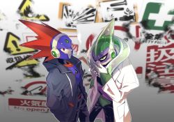 2boys acid acid_man android arm_cannon armor bad_id bad_twitter_id blast_man cigarette clothed_robot gloves grin hand_on_own_chin highres hunchback hunched_over in_pocket jacket joints lab_coat mad_scientist mega_man_(classic) mega_man_(series) mega_man_11 multiple_boys numazoko_3 purple_eyes red_eyes robot robot_joints smile smoking spiked_hair standing stroking_own_chin thinking visor weapon