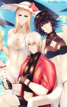 Rule 34 | 1boy, 2girls, absurdres, beach, bikini, black hair, blonde hair, blue eyes, breasts, chair, cleavage, dante (devil may cry), dessert, devil may cry (series), food, green eyes, hat, heterochromia, highres, ice cream, jacket, lady (devil may cry), legs, multiple girls, shirt, shorts, sitting, sky, smile, spoon, sundae, swimsuit, trish (devil may cry), white shirt
