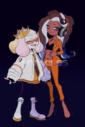 2girls :d aqua_eyes black_footwear black_gloves black_pantyhose blonde_hair blue_hair boots breasts brown_hair cephalopod_eyes cleavage closed_mouth coat cross-shaped_pupils crown dark-skinned_female dark_skin dress fingerless_gloves formal_clothes full_body furrowed_brow gloves gradient_background gradient_hair headphones high_heels horizontal_pupils imaikuy0 inkling jacket legs_apart long_sleeves marina_(damp_socks_feat._off_the_hook)_(splatoon) marina_(splatoon) medium_hair mismatched_eyebrows mole mole_under_mouth multicolored_hair multiple_girls nintendo octoling open_clothes open_coat open_jacket open_mouth orange_dress orange_jacket orange_pants pant_suit pants pantyhose pearl_(damp_socks_feat._off_the_hook)_(splatoon) pearl_(splatoon) pink_hair pink_pupils shoes sleeves_past_wrists smile splatoon_(series) splatoon_3 standing suit symbol-shaped_pupils teeth tentacle_hair two-tone_hair visor white_coat white_footwear yellow_eyes