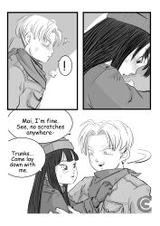 Rule 34 | 1boy, 1girl, black eyes, black hair, blush, breasts, couple, dragon ball, dragon ball super, happy, highres, long hair, mai (future) (dragon ball), munchkin kittyhams, smile, trunks (dragon ball), trunks (future) (dragon ball), uncensored