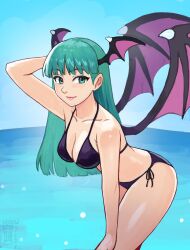 Rule 34 | 1girl, absurdres, arm behind head, artist name, bare shoulders, bat wings, bikini, blue sky, breasts, capcom, cleavage, collarbone, darkstalkers, female focus, green eyes, green hair, head wings, heart, heart-shaped pupils, highres, large breasts, long hair, looking to the side, matching hair/eyes, morrigan aensland, ocean, outdoors, purple wings, sky, solo, swimsuit, symbol-shaped pupils, watcher hollow, watermark, wings