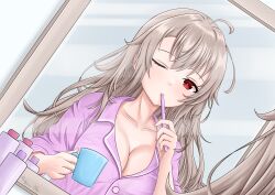 1girl absurdres breasts brushing_teeth cleavage closed_mouth collarbone collared_shirt commentary cup dutch_angle english_commentary eydis_(sao) hands_up highres holding holding_cup holding_toothbrush large_breasts long_hair messy_hair mixed-language_commentary one_eye_closed pajamas partially_unbuttoned phanuchan pink_pajamas pink_shirt portrait red_eyes reflection shirt sidelocks sleeves_rolled_up solo sword_art_online sword_art_online:_alicization sword_art_online:_unleashed_blading toothbrush variant_set