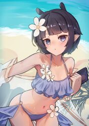 Rule 34 | 1girl, beach, bikini, black hair, blue eyes, blunt bangs, blush, book, breasts, collarbone, elun (elun 00), flower, frilled bikini, frills, gluteal fold, hair flower, hair ornament, highres, holding, holding book, hololive, hololive english, holonatsu paradise, leaning forward, looking at viewer, mole, mole under eye, navel, ninomae ina&#039;nis, ninomae ina&#039;nis (holonatsu paradise), o-ring, outdoors, pointy ears, purple bikini, purple hair, short hair, small breasts, solo, swimsuit, tentacle hair, virtual youtuber, white flower