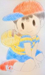 bad_tag bent_over black_hair child hat legs mother_(series) mother_2 ness_(mother_2) nintendo red_hat shirt shoes shorts shota socks striped_clothes striped_shirt super_smash_bros. traditional_media