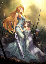 2girls 3boys ancient_greek_clothes army atra_mixta blonde_hair breasts brown_hair chiton collared_shirt dante_mogro dark-skinned_male dark_skin dress dress_shirt eugene_sevenstark greco-roman_clothes green_dress guchico gundam gundam_tekketsu_no_orphans hair_between_eyes himation holding holding_sword holding_weapon kneeling kudelia_aina_bernstein large_breasts light_rays long_dress long_hair looking_back mikazuki_augus multiple_boys multiple_girls neckerchief no_eyes orga_itsuka polearm purple_eyes red_eyes shaded_face shirt smoke spear spiked_hair standing sunbeam sunlight sword toga very_long_hair vest weapon white_hair white_shirt