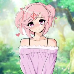 Rule 34 | 1girl, artist name, blush, bob cut, bush, closed mouth, collarbone, day, doki doki literature club, eyeliner, forest, grass, hair intakes, hair ornament, hair ribbon, hairclip, happy, head tilt, heart, looking at viewer, makeup, natsuki (doki doki literature club), nature, nature background, outdoors, pink eyes, pink hair, purple sweater, red ribbon, ribbon, short hair, smile, solo, sweater, the fish art, tree, upper body