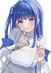 1girl absurdres arcana_(nikke) bench blue_eyes blue_hair blue_nails blush bra_visible_through_clothes breast_zipper breasts claws commentary_request dress flower_hairpin goddess_of_victory:_nikke grin heart highres index_finger_raised large_breasts long_hair looking_at_viewer nigi_(ngmnoym) one_side_up simple_background smile solo tight_clothes tight_dress turtleneck turtleneck_dress upper_body white_background zipper_dress