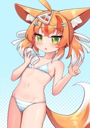 1girl absurdres ahoge akimiya_yamiku animal_ear_fluff animal_ears bikini blue_background blue_bikini bottle colored_tips cowboy_shot flat_chest fox_ears fox_girl fox_tail green_eyes highres holding holding_bottle looking_at_viewer multicolored_hair open_mouth orange_hair original paid_reward_available solo striped_bikini striped_clothes swimsuit tail v white_hair