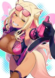 1girl absurdres animal_ears blonde_hair breasts colored_inner_hair elbow_gloves fate/grand_order fate_(series) fox_ears fox_tail glasses gloves highres large_breasts leggings long_hair multicolored_hair nora_(lyh_b) pink_hair signature smile solo sunglasses suzuka_gozen_(fate) suzuka_gozen_(swimsuit_rider)_(fate) suzuka_gozen_(swimsuit_rider)_(first_ascension)_(fate) tail teeth v yellow_eyes