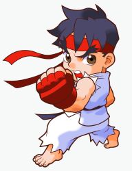 Rule 34 | 1boy, barefoot, black hair, brown eyes, chibi, clenched hand, dougi, fighting stance, fingerless gloves, game cg, gloves, headband, highres, maeda shima, male focus, martial arts belt, mma gloves, muscular, muscular male, non-web source, official art, open mouth, pocket fighter, red headband, ryu (street fighter), short hair, simple background, solo, street fighter, teeth, thick eyebrows, torn clothes, torn sleeves, upper teeth only, white background