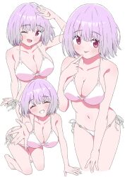 Rule 34 | 1girl, bikini, blush, breasts, closed eyes, gridman universe, highres, large breasts, looking at viewer, official alternate costume, one eye closed, pink bikini, purple hair, red eyes, shinjou akane, sho (shoshos 8888), short hair, simple background, smile, solo, ssss.gridman, swimsuit, tongue, tongue out, white background