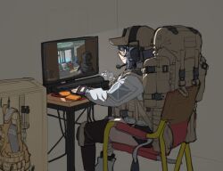 1girl assault_rifle backpack bag baseball_cap bipod black_shorts bulletproof_vest cable chair computer computer_keyboard escape_from_tarkov fingerless_gloves folding_chair gloves gugyun_(gugyun_00) gun hat headset jacket monitor playing_games purple_hair rifle safety_glasses shorts smile solo weapon