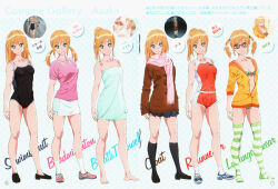 1girl absurdres bare_legs bare_shoulders barefoot bikini black_one-piece_swimsuit black_shoes black_socks blonde_hair blue_shoes blue_skirt breasts brown_coat camisole cleavage closed_eyes closed_mouth coat collarbone collared_shirt dolphin_shorts dot_nose drinking english_text feet female_focus full_body glasses green_bikini green_eyes green_socks green_thighhighs highres hood hoodie jacket japanese_text kneehighs kyou_no_asuka_show kyouno_asuka legs long_hair long_sleeves looking_at_viewer miniskirt official_art one-piece_swimsuit orange_camisole orange_shorts pencil_skirt pig_tail pink_scarf pink_shirt pleated_skirt ponytail reference_sheet running_shoes scarf school_uniform shirt shoes short_sleeves shorts skirt sleeveless small_breasts smile socks solo solo_focus sportswear swimsuit tail tennis_uniform thighhighs thighs toes towel track_and_field track_and_field_uniform white_skirt white_socks yellow_hood yellow_hoodie yellow_jacket