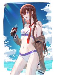 Rule 34 | 1girl, arm belt, bare shoulders, belt buckle, bikini, blue sky, breasts, brown hair, buckle, cleavage, cloud, collarbone, cowboy shot, day, dr pepper, front zipper swimsuit (realise), hair between eyes, hair over shoulder, highres, holding, jacket, jacket partially removed, leather belt, long hair, long sleeves, looking at viewer, loose necktie, makise kurisu, meme attire, navel, necktie, ocean, one-piece swimsuit, open clothes, open jacket, open mouth, outdoors, purple eyes, red necktie, shirase rin, sky, solo, standing, steins;gate, stomach, swimsuit, teeth, tongue, upper teeth only, wet, wet hair, white bikini