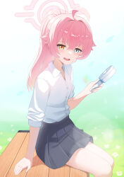 1girl absurdres ahoge awahuki_kani black_skirt blue_archive blue_eyes collared_shirt commentary_request halo hand_fan heterochromia highres holding holding_fan hoshino_(blue_archive) long_hair looking_at_viewer on_bench open_mouth outdoors pink_hair pink_halo pleated_skirt ponytail school_uniform shirt shirt_tucked_in sitting skirt sleeves_rolled_up solo white_shirt yellow_eyes