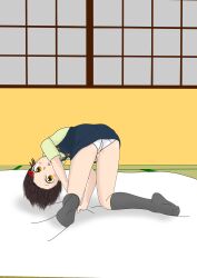 1girl absurdres all_fours ass bed black_dress black_socks blush brown_eyes brown_hair dress flat_chest from_behind green_shirt hair_ornament hairclip highres kneehighs loli looking_at_viewer looking_back on_bed open_mouth original panties pee_stain sexless2012 shirt short_hair short_sleeves sleeveless sleeveless_dress socks stained_panties underwear white_panties window
