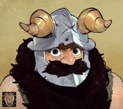 Rule 34 | 1boy, absurdres, beard, brown hair, dungeon meshi, dwarf, facial hair, fake horns, helmet, highres, horned helmet, horns, long beard, looking at viewer, male focus, mar10, mustache, portrait, senshi (dungeon meshi), solo, thick mustache, very long beard, wrinkled skin