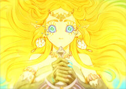 Rule 34 | 1girl, armlet, bare shoulders, blonde hair, blue nails, blue sclera, claws, colored sclera, dragon girl, earrings, eyelashes, fingernails, green eyes, holding, holding sword, holding weapon, jewelry, long hair, looking at viewer, master sword, necklace, nintendo, no mouth, own hands together, pointy ears, pommel, princess zelda, ripushko, sharp fingernails, spoilers, sword, tears, the legend of zelda, the legend of zelda: tears of the kingdom, tiara, transformation, upper body, very long hair, weapon, wide-eyed, yellow theme