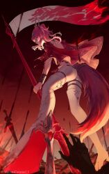 1girl absurdres ass boots commentary_request from_below from_side hairband highres holding holding_polearm holding_weapon long_hair lupa_(wuthering_waves) marroncaramel_i mechanical_ears metal_hairband pink_hair polearm red_sash sash solo tacet_mark_(wuthering_waves) tail thigh_boots twitter_username weapon white_boots wolf_tail wrist_guards wuthering_waves
