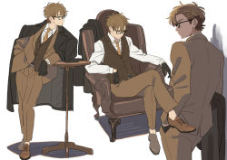 1boy ace_of_diamond alternate_costume black_gloves black_jacket brown_footwear brown_hair brown_jacket brown_necktie brown_suit brown_vest chair dangomochi2 closed_eyes formal_clothes gloves highres jacket unworn_jacket leaning_on_table long_sleeves miyuki_kazuya multiple_views necktie shoes short_hair simple_background sitting suit table vest white_background