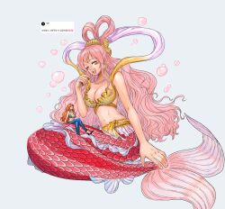 2girls ^_^ bikini bikini_top_only blue_background blush_stickers breasts cleavage closed_eyes commentary_request crossed_arms giant giantess green_bikini hagoromo half_updo highres korean_commentary korean_text long_hair mermaid midriff monster_girl multiple_girls nami_(one_piece) nami_(one_piece)_(return_to_sabaody) navel one_piece orange_hair pink_hair shawl shirahoshi sidelocks simple_background sitting sitting_on_lap sitting_on_person sktkah_7326 swept_bangs swimsuit translation_request yellow_bikini
